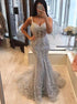 Spaghetti Straps Mermaid Grey V Neck Tulle Prom Dresses With Applique LBQ4171